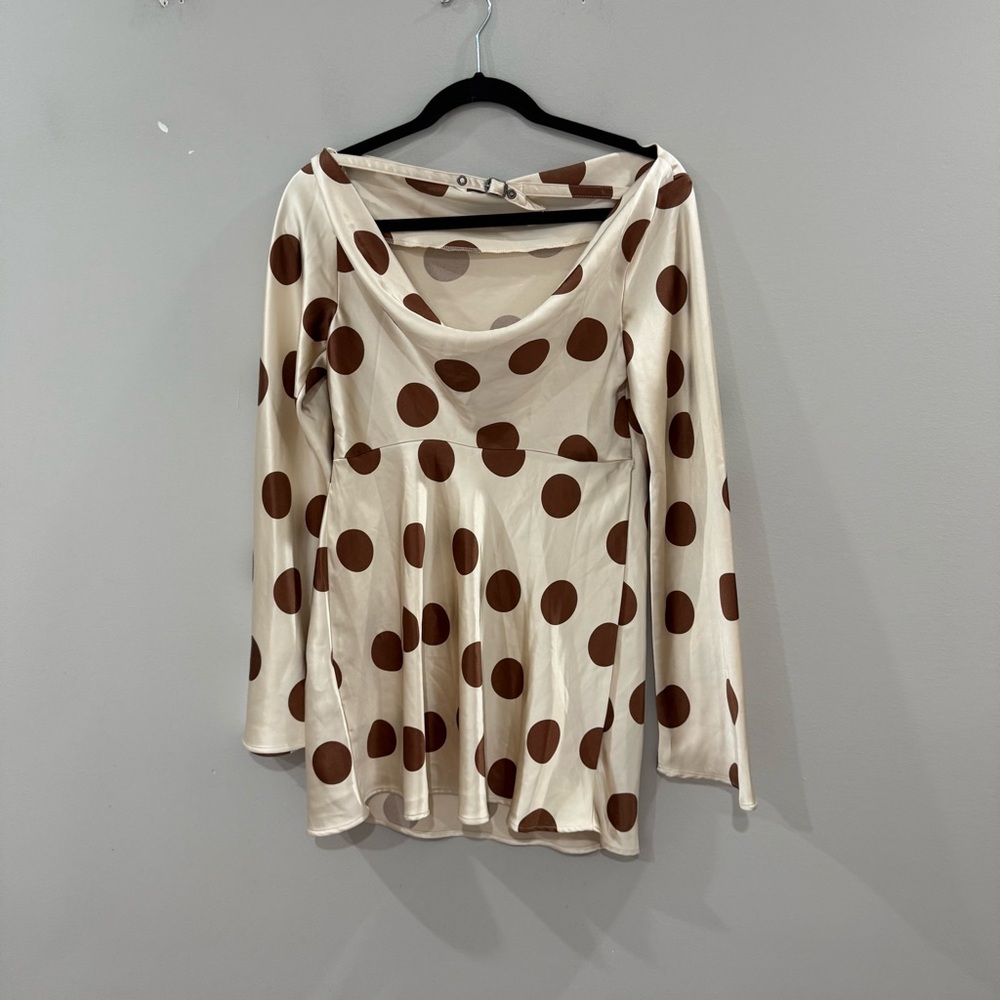Free People Dress Tigre Printed Mini Satin in Tea Combo Polka Dot Brown Cream - Picture 6 of 11